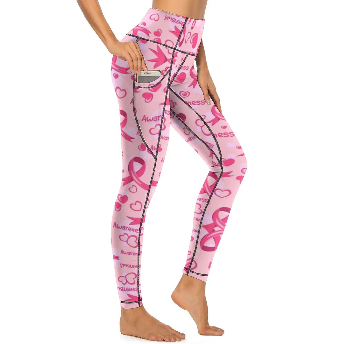 Women's High-Waist Pocket Yoga Leggings - Pink Ribbon Heart Print - view 4