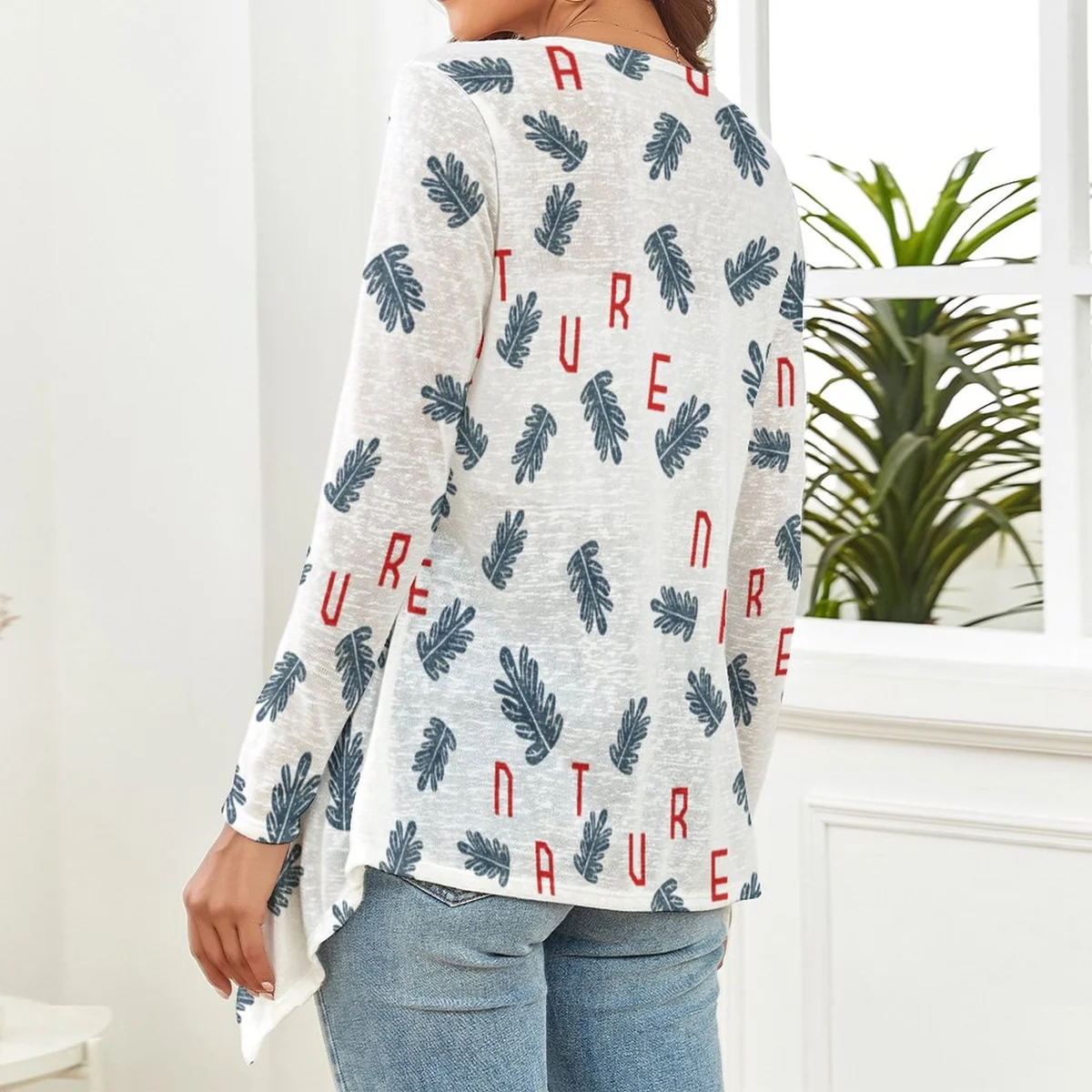 Women's Waterfall Open Front Knit Cardigan - Autumn Letter Leaf Print - view 2
