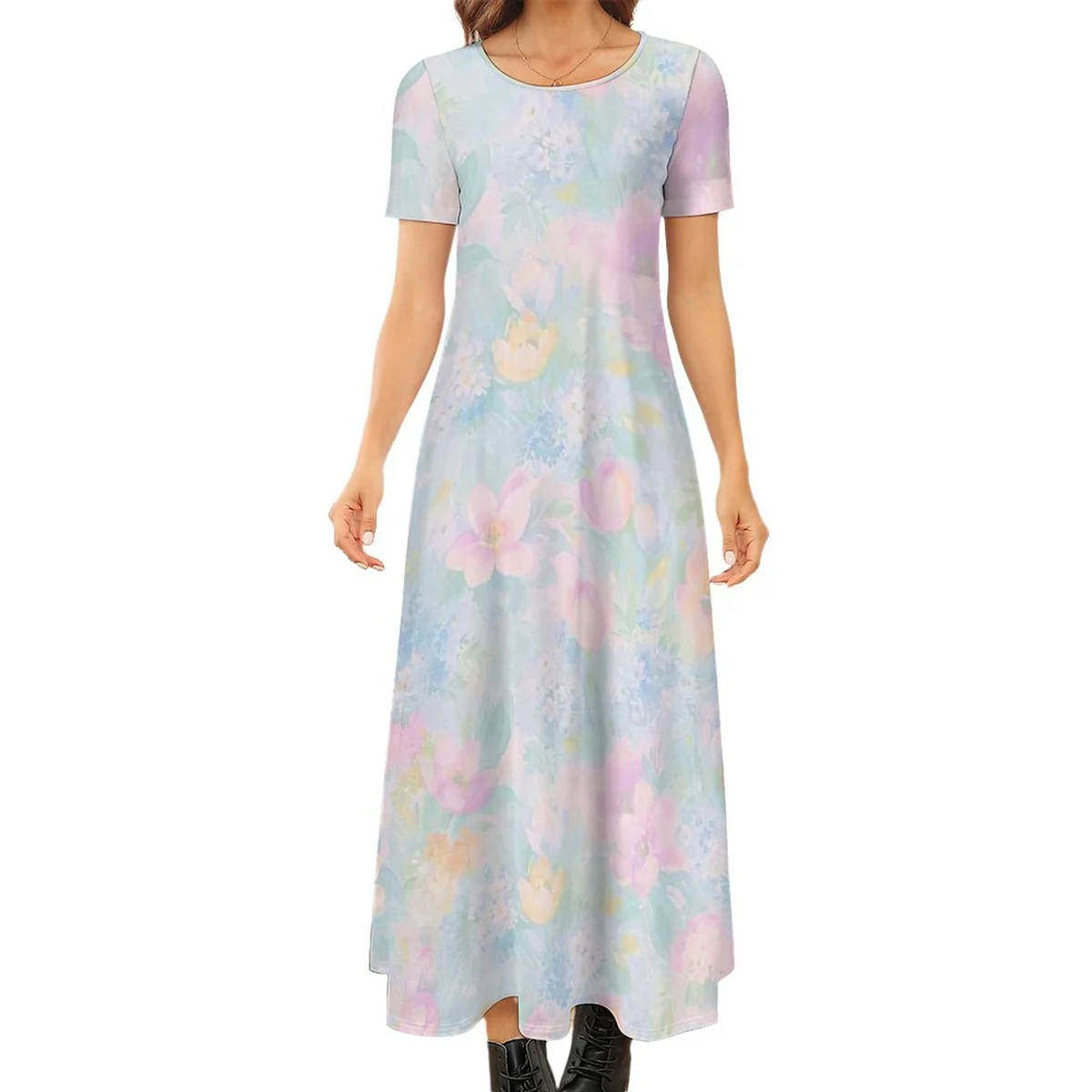 Women's Crew Neck Short Sleeve Maxi T-Shirt Dress - Pastel Watercolor Floral Print
