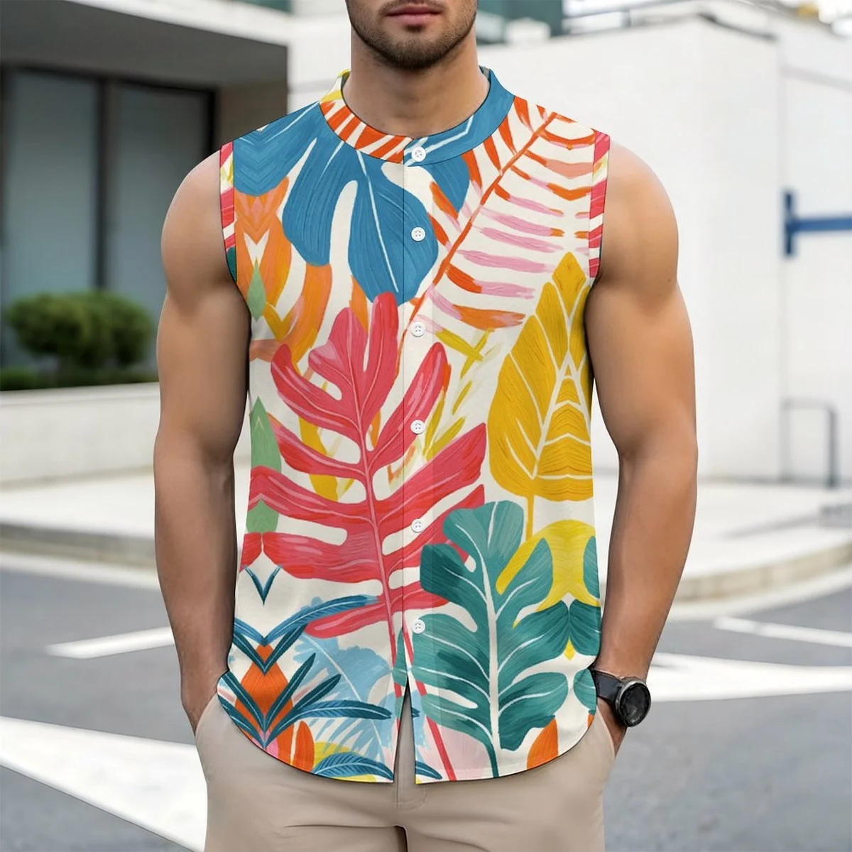 Men's Sleeveless Button-Up Shirt - Bold Tropical Leaf Print - view 2