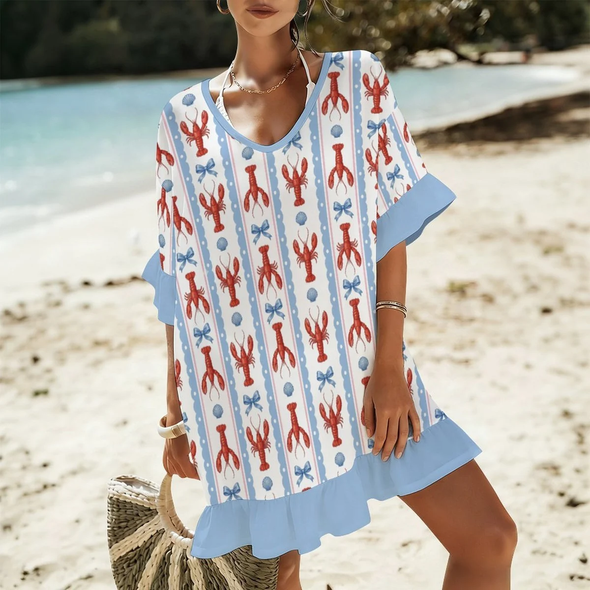 Women's Ruffle Sleeve Beach Cover-Up Dress - Lobster Stripe Print - view 2