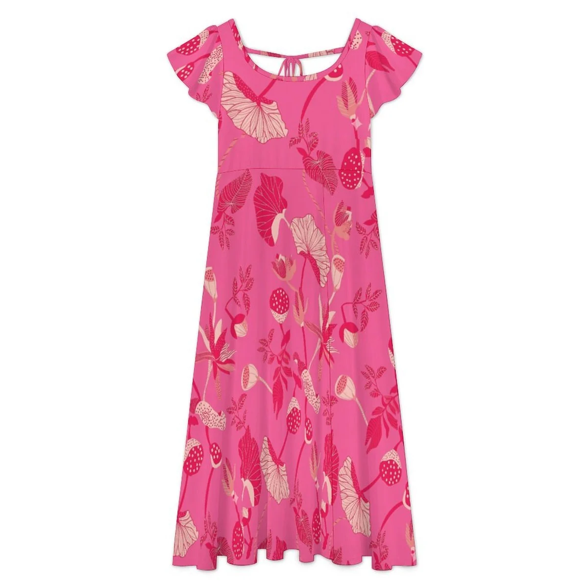 Women's Flutter Sleeve Tie-Back Slit Midi Dress - Tonal Fan Palm Print - view 5