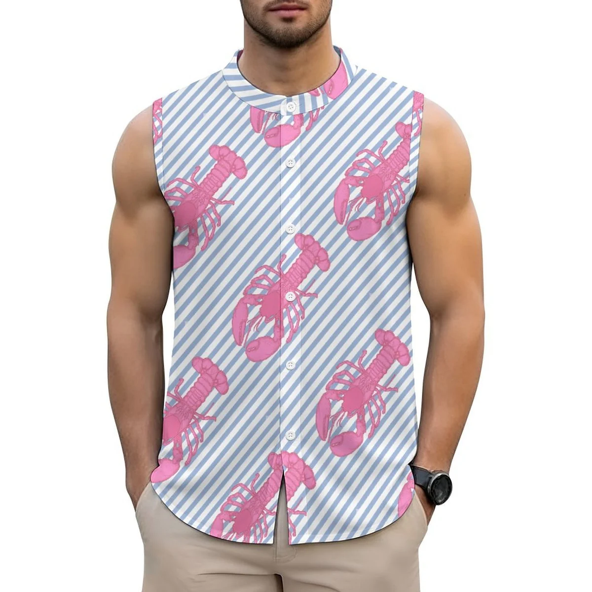 Men's Sleeveless Button-Up Shirt - Pink Lobster Stripe Print