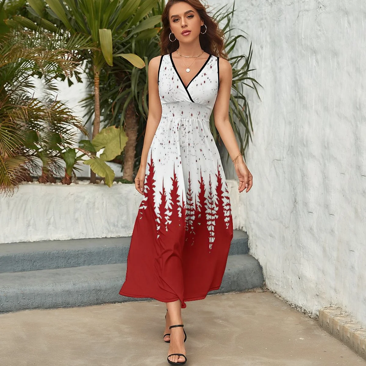 Women's V-Neck Sleeveless Maxi Dress - Red Pine Forest Print - view 4