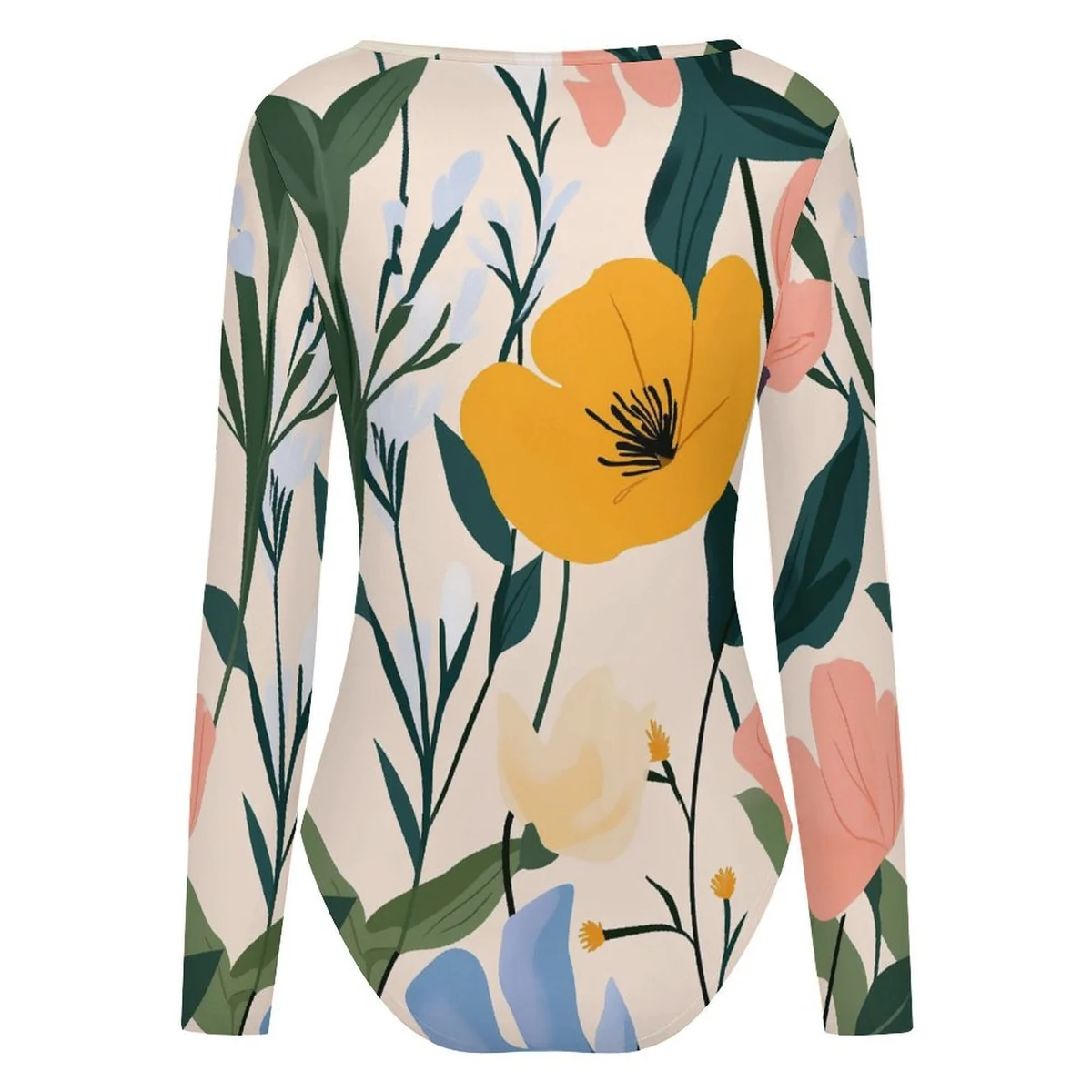 Women's Square-Neck Long Sleeve Bodysuit - Modern Poppy Print - view 7