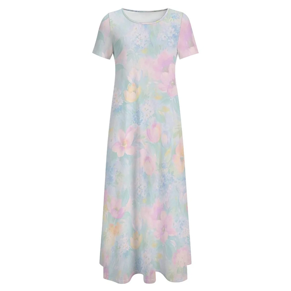 Women's Crew Neck Short Sleeve Maxi T-Shirt Dress - Pastel Watercolor Floral Print - view 3