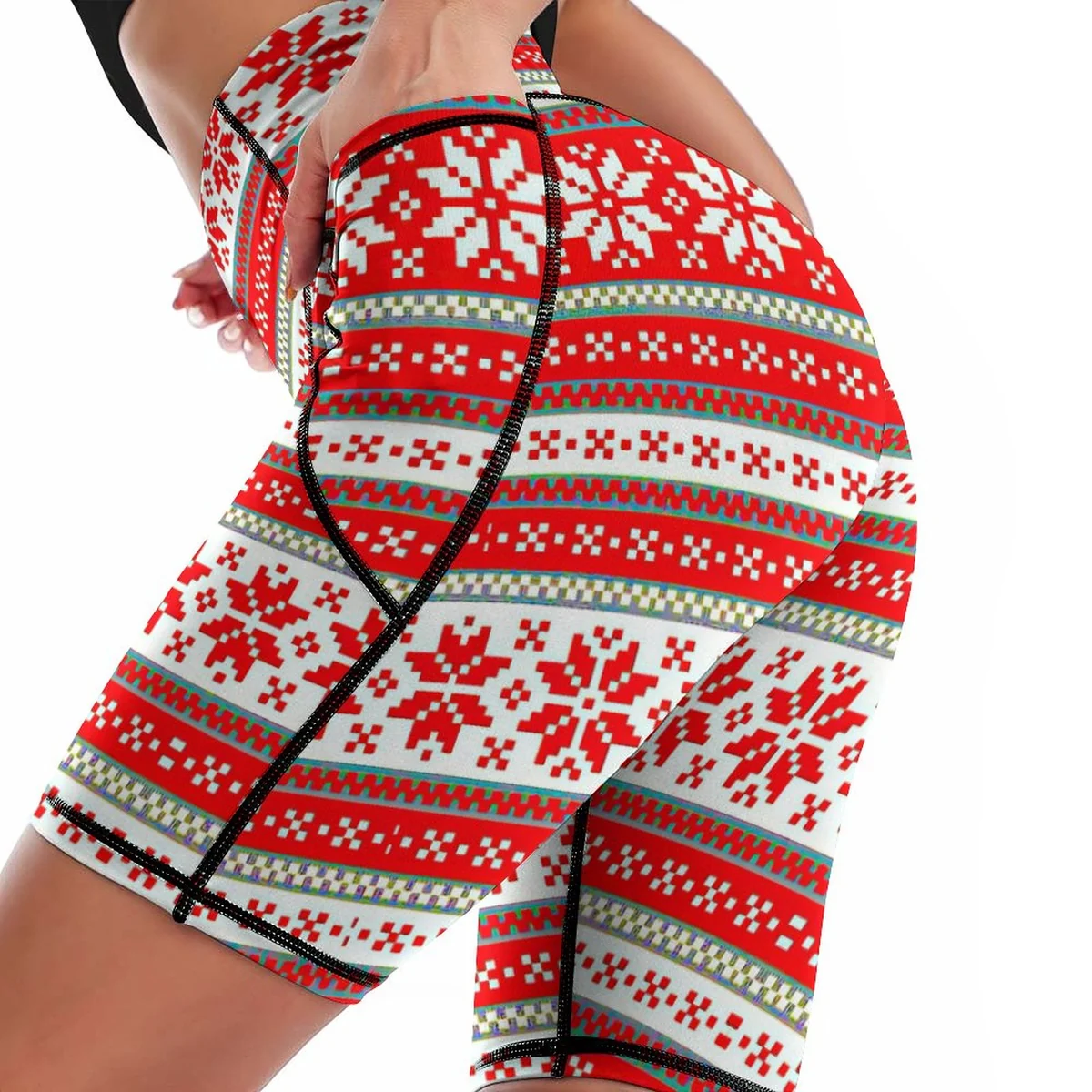 Women's High-Waist Bike Shorts with Pockets - Nordic Fair Isle Print - view 3