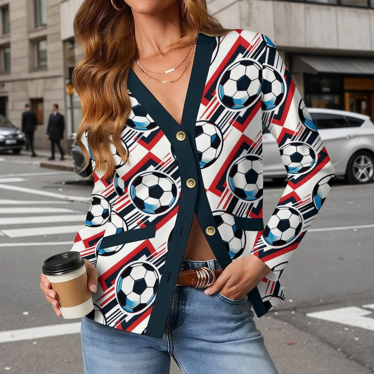 Women's Lightweight V-Neck Button Cardigan - Soccer Ball Stripe Print - view 2