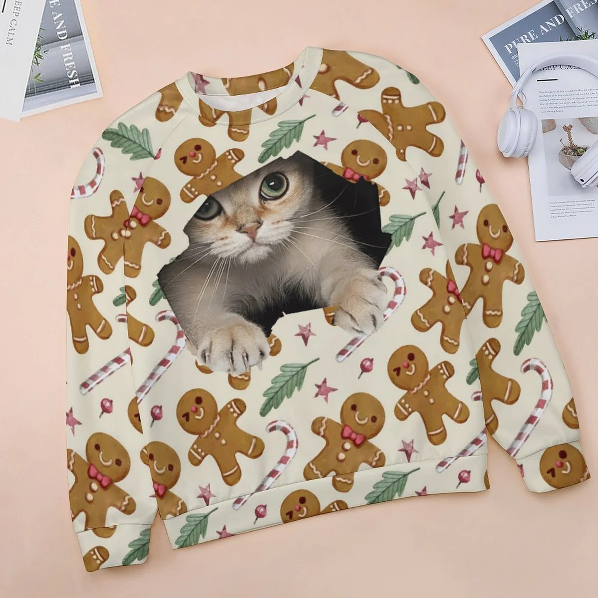 Women's Raglan Crew Neck Sweatshirt - Peeking Kitten Gingerbread Print - view 3