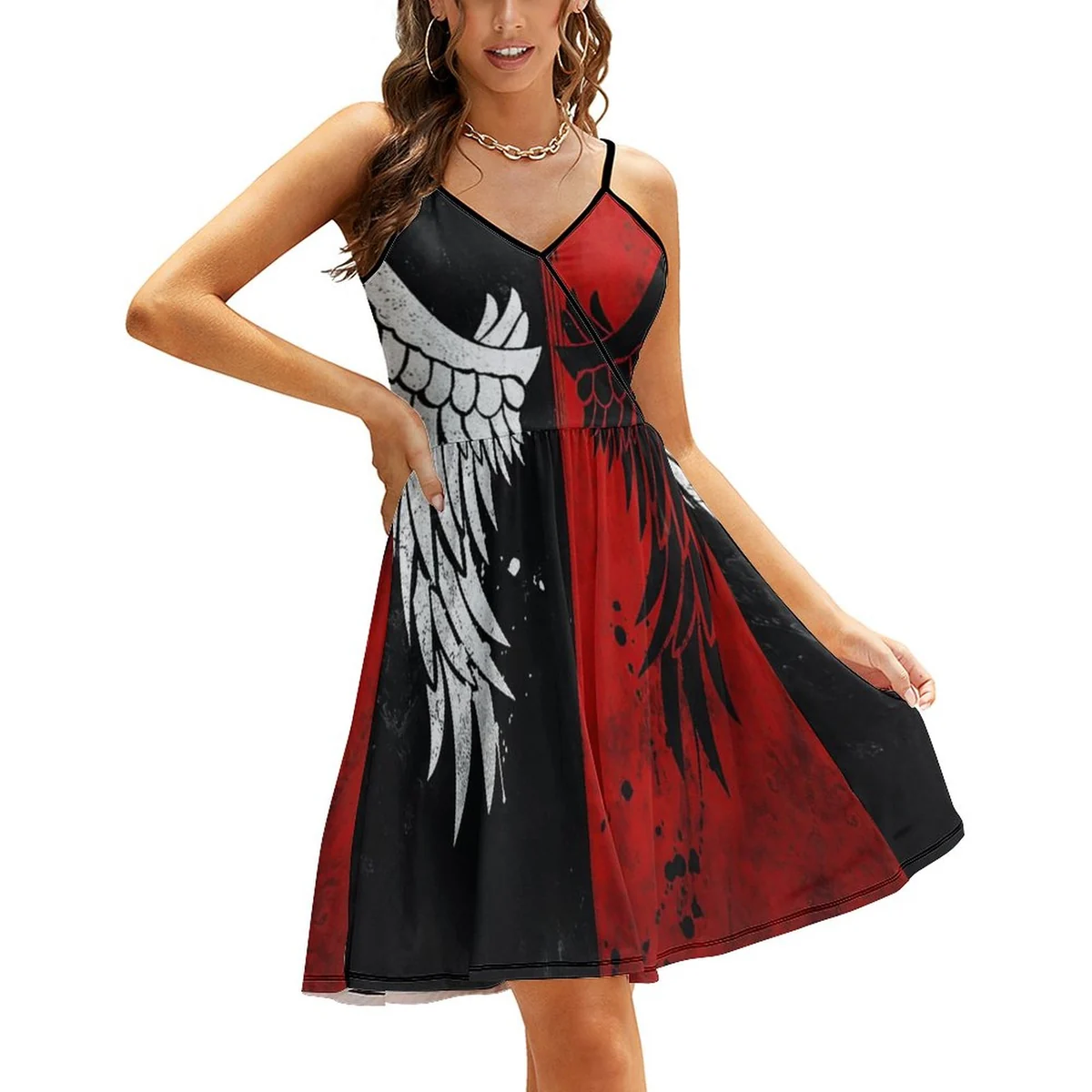 Women's V-Neck Cami Skater Dress - Angel Wing Print