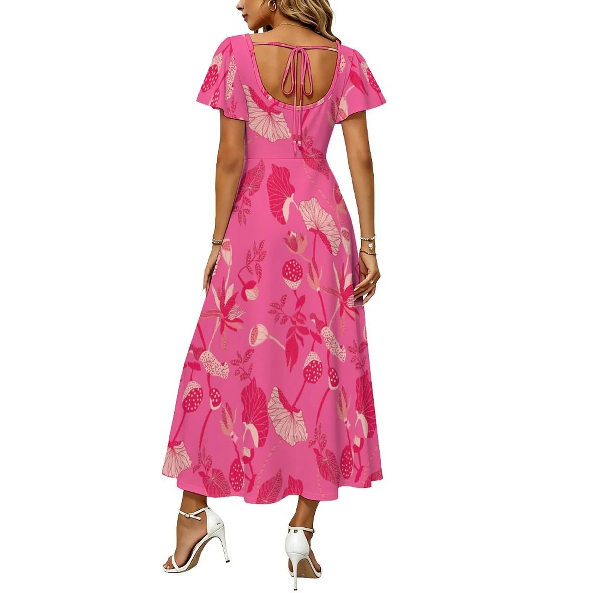 Women's Flutter Sleeve Tie-Back Slit Midi Dress - Tonal Fan Palm Print - view 2