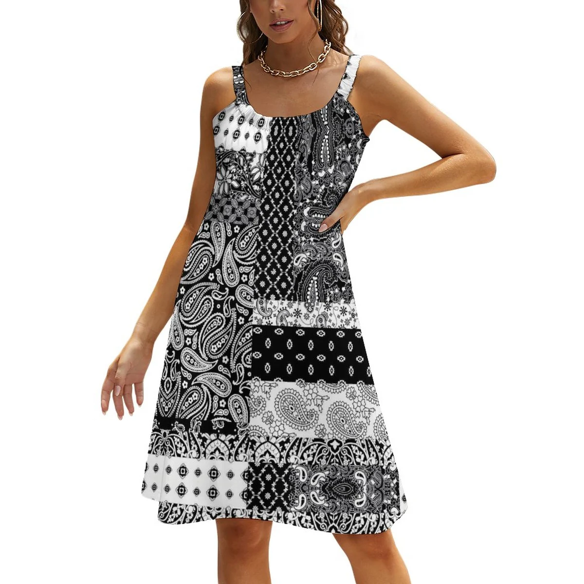 Women's Scoop-Neck Cami Swing Dress - Lace Patchwork Print