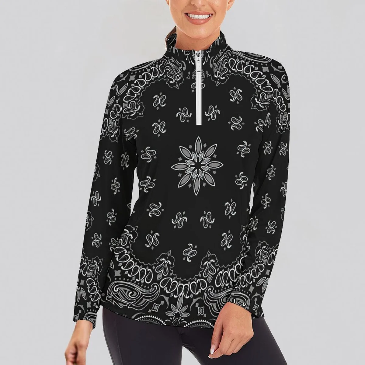Women's Quarter Zip Long Sleeve Athletic Pullover - Black Bandana Paisley Print - view 2