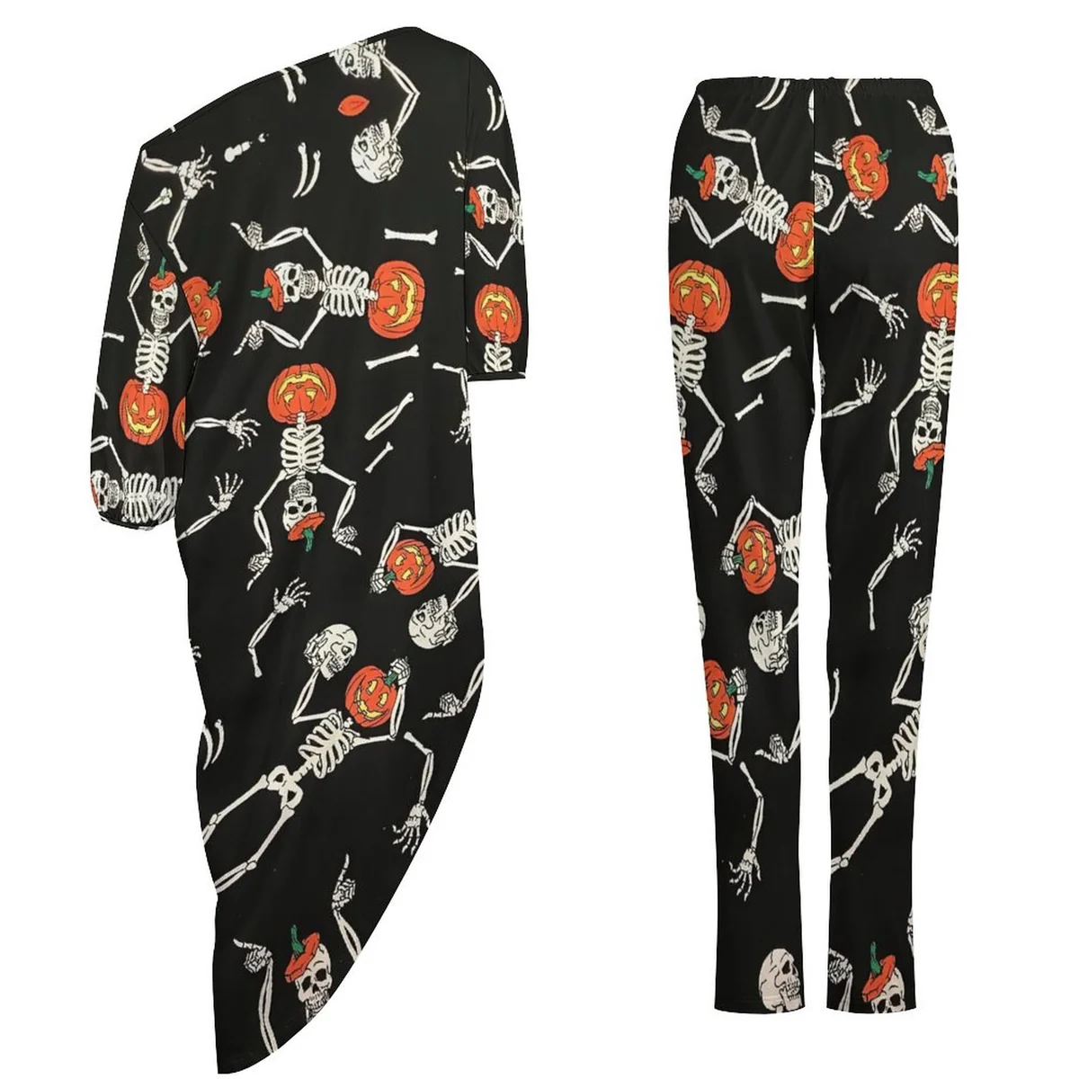Women's Off-Shoulder Top and Pants Lounge Set - Dancing Skeleton Pumpkin Print - view 6