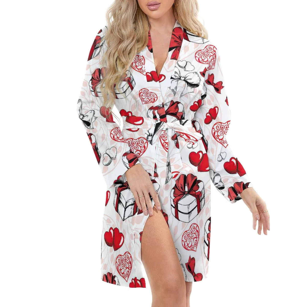Women's Long Sleeve Belted Robe - Heart Gift Box Print - view 5