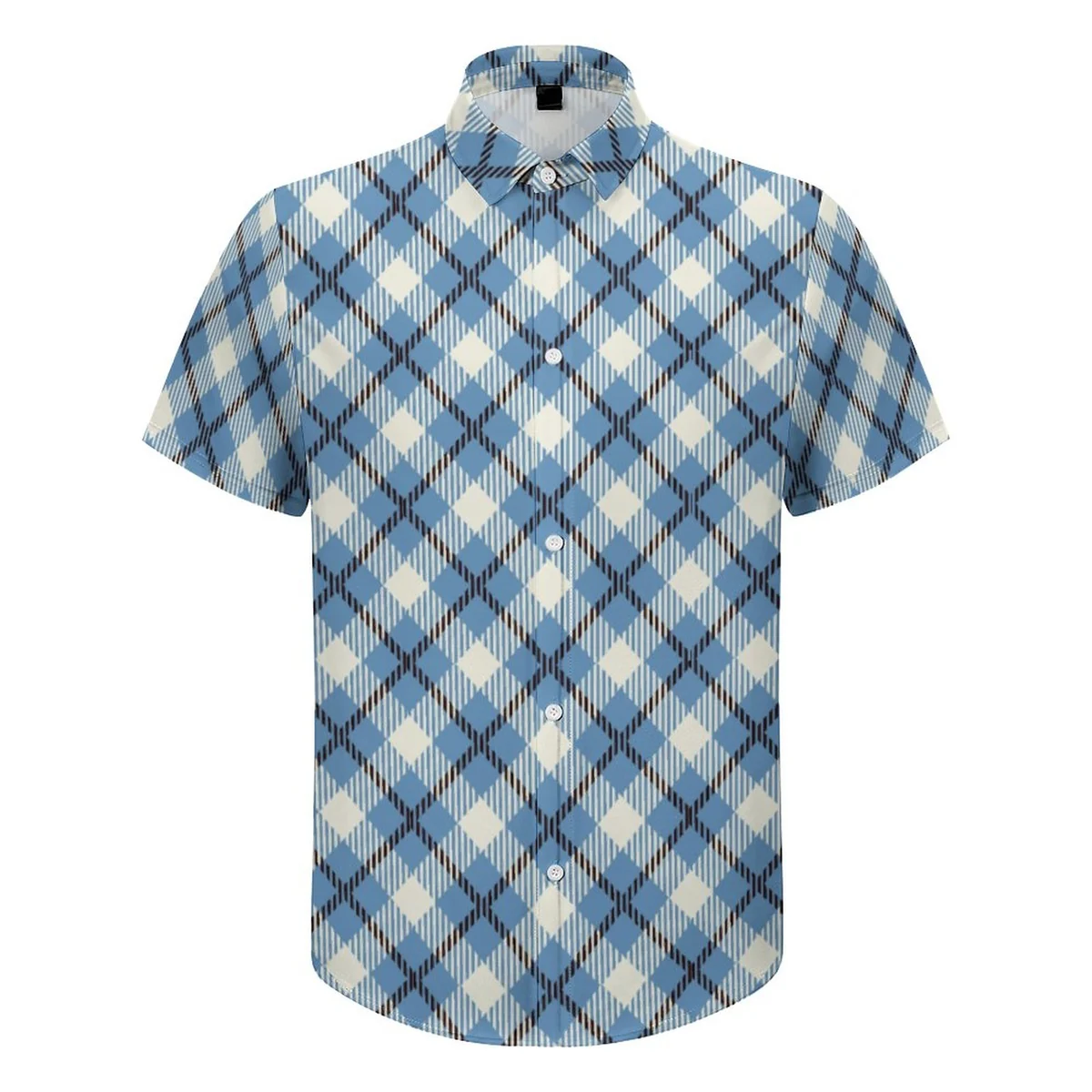 Unisex Short Sleeve Button-Up Shirt - Blue Plaid Print - view 3