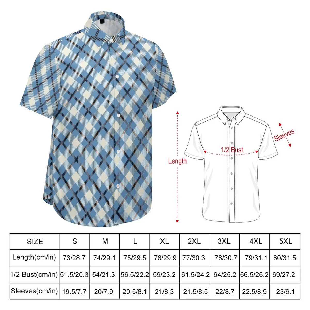 Unisex Short Sleeve Button-Up Shirt - Blue Plaid Print - view 2