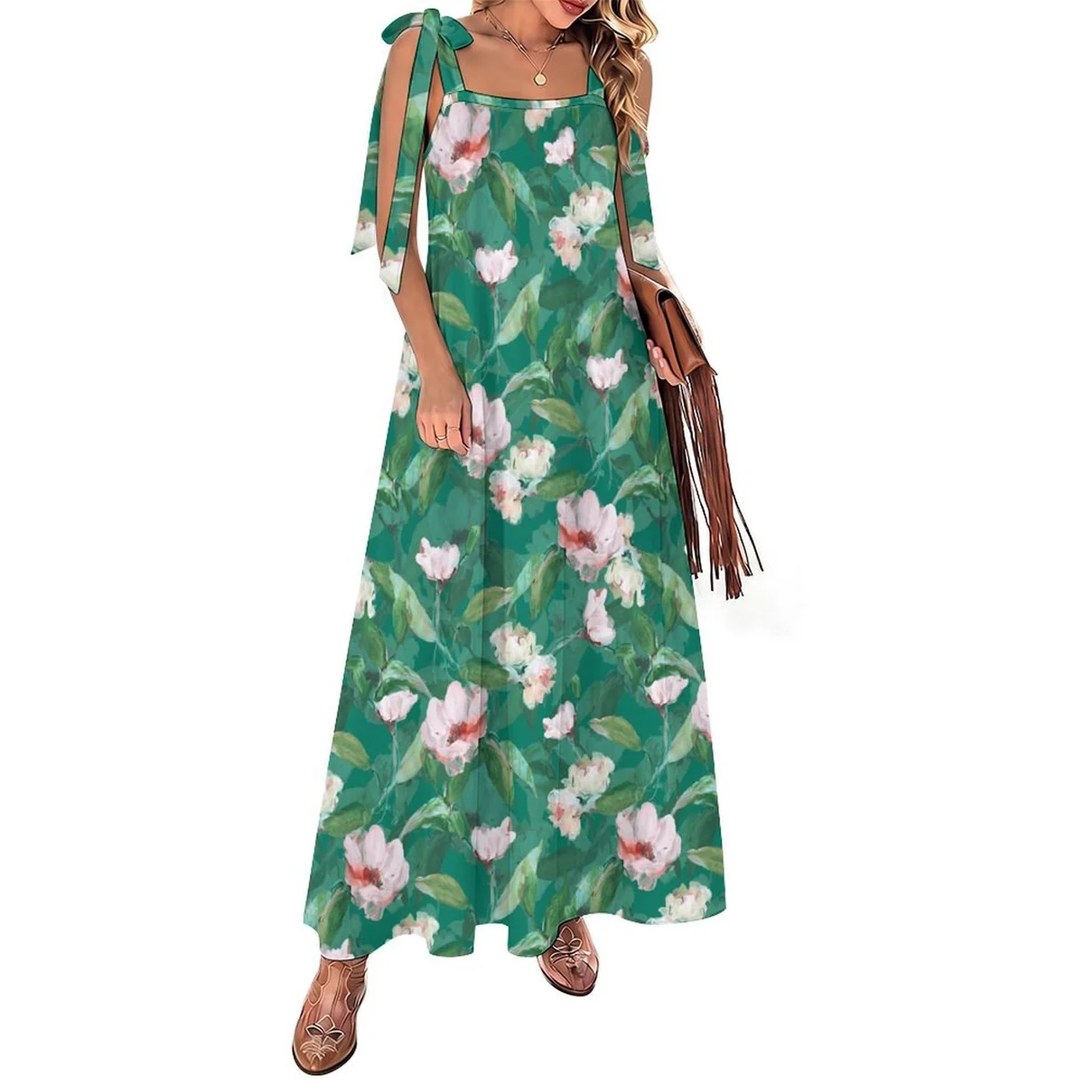 Women's Tie-Shoulder Maxi Dress - Magnolia Leaf Print