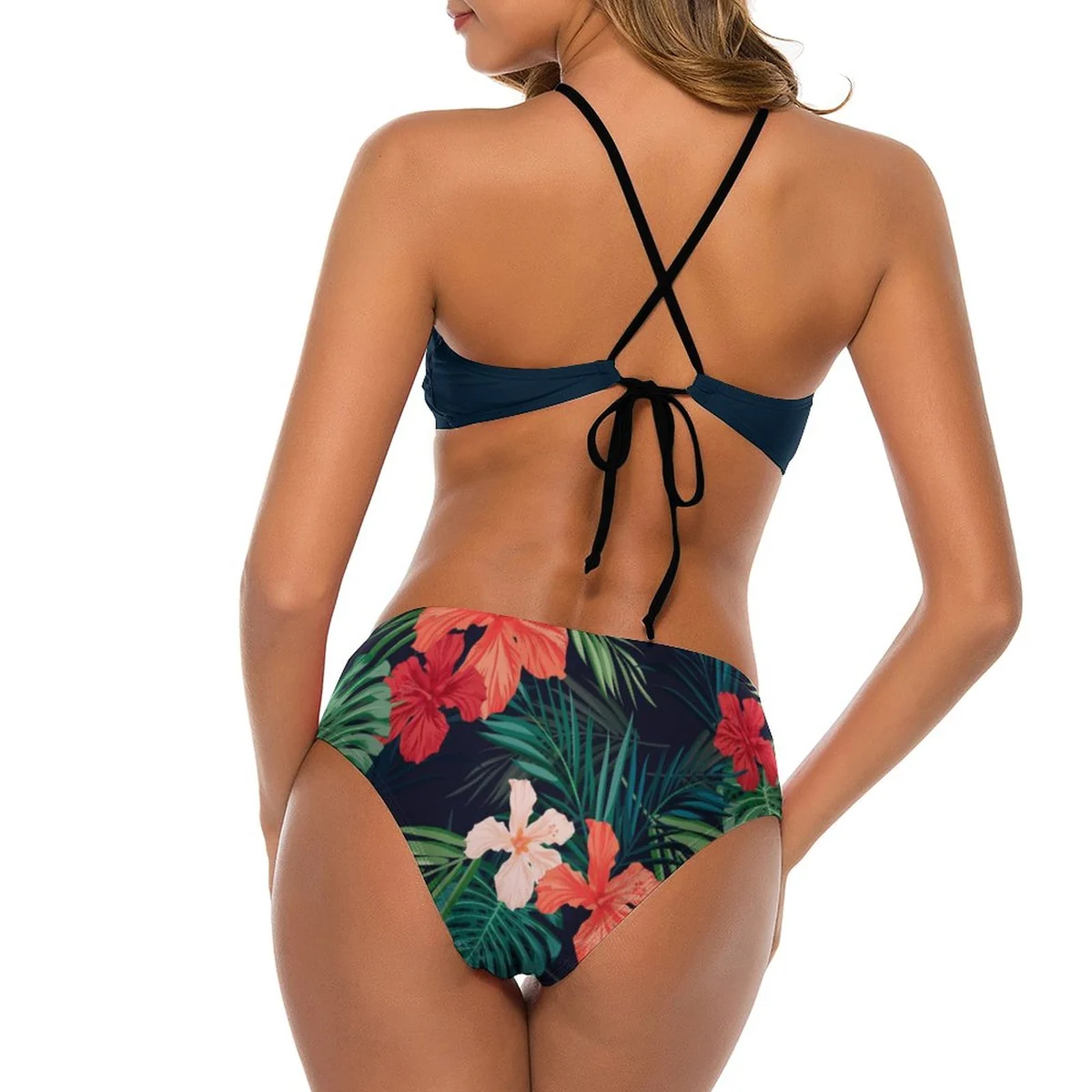Women's Keyhole High-Neck Bikini Set - Hibiscus Palm Print - view 4