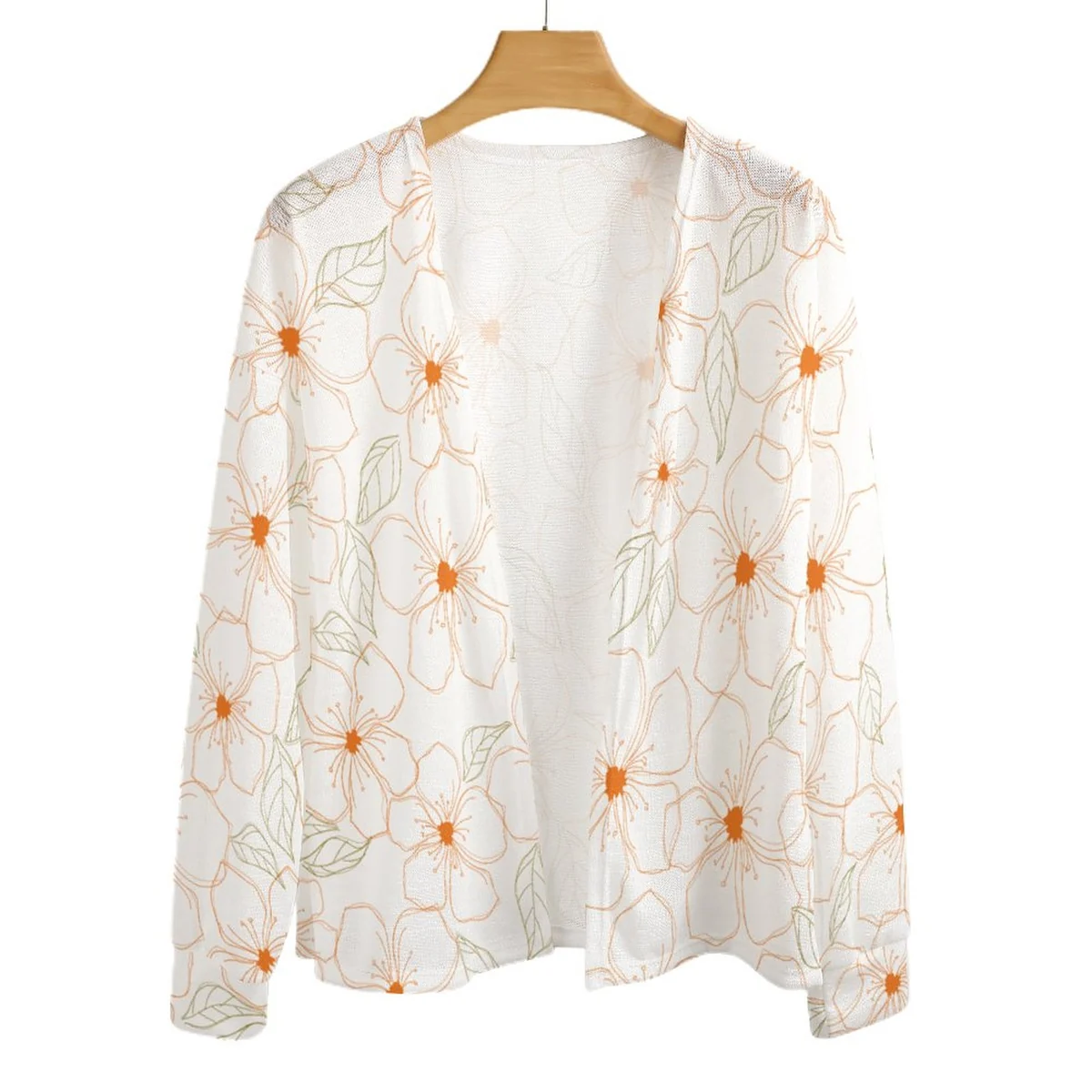Women's Drop Shoulder Open Front Knit Cardigan - Orange Blossom Outline Print - view 5