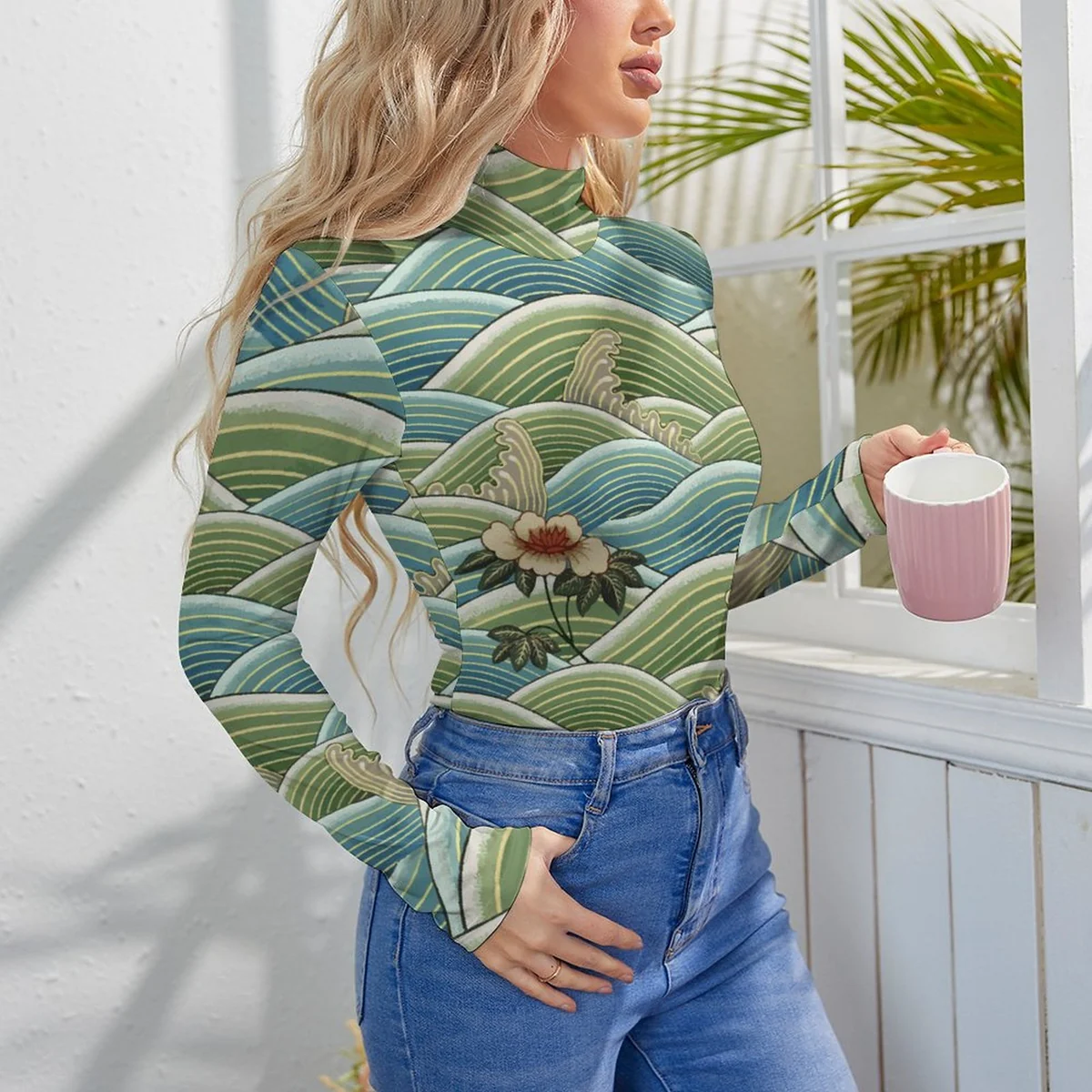 Women's Mock Neck Long Sleeve Bodysuit - Ocean Wave Blossom Print - view 3