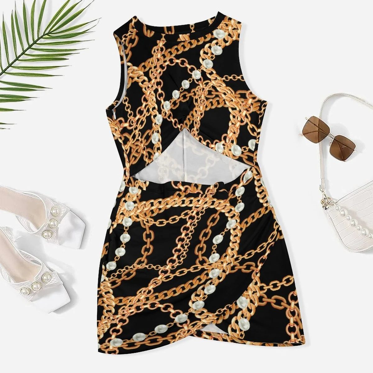 Women's Twist Front Cutout Bodycon Dress - Golden Chain Link Print - view 3