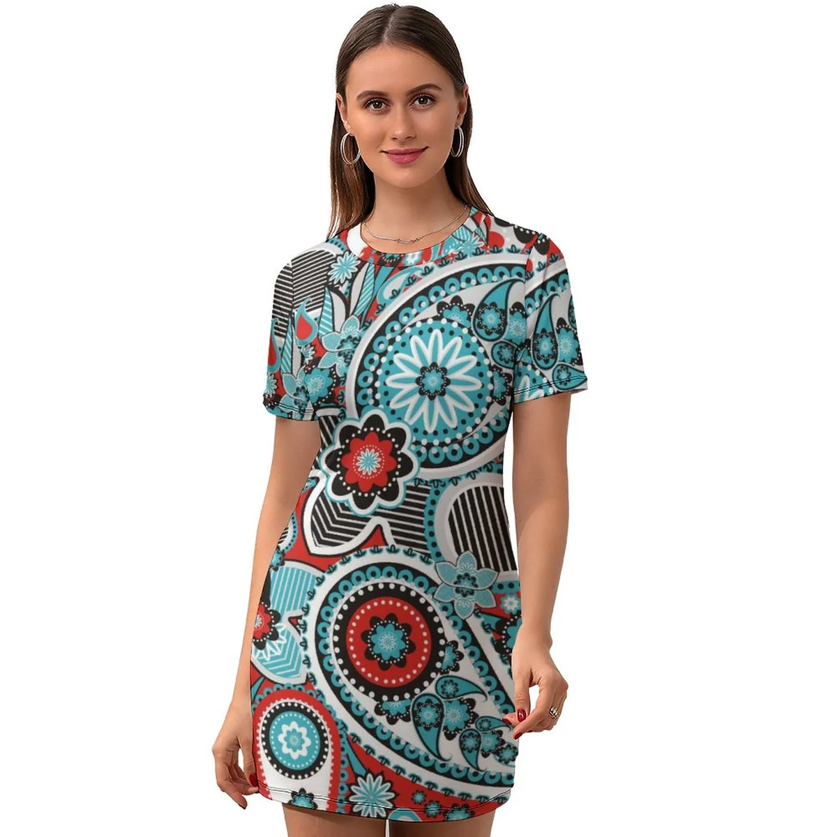 Women's Crew Neck Short Sleeve Bodycon T-Shirt Dress - Mandala Paisley Print