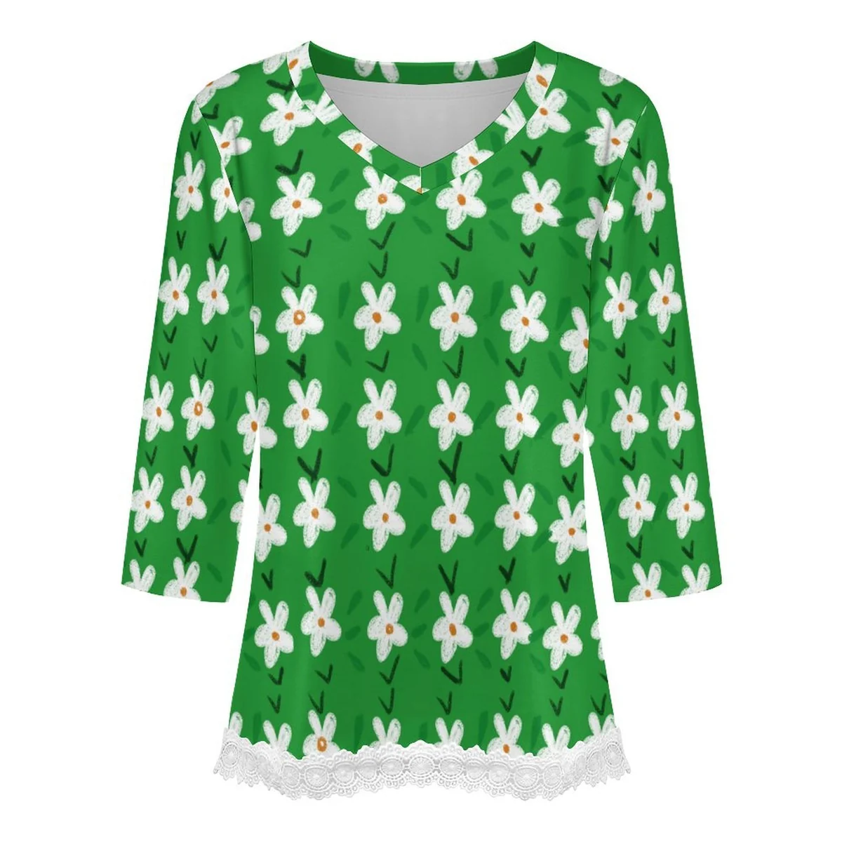 Women's Lace Hem V-Neck Three-Quarter Sleeve Top - White Blossom on Green Graphic - view 4