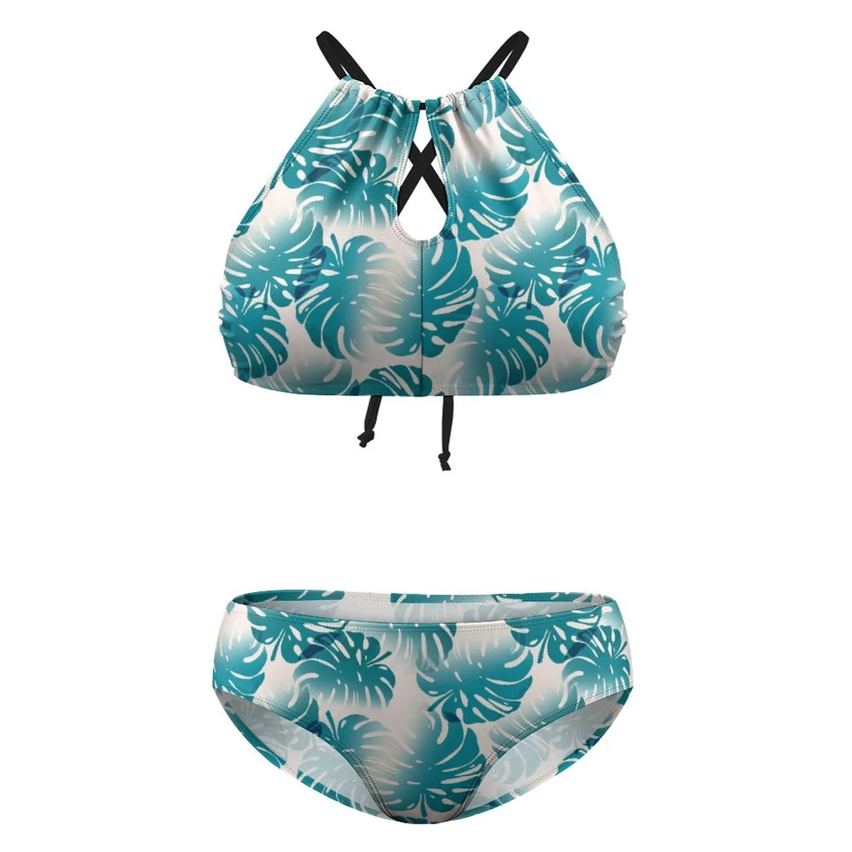 Women's Plus Size Keyhole High-Neck Bikini Set - Monstera Leaf Print - view 4