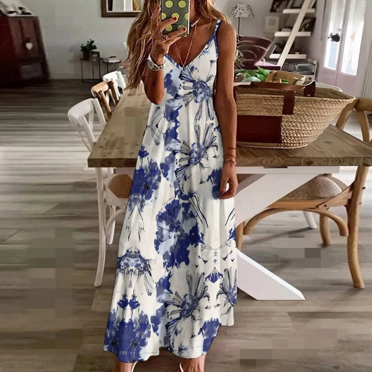 Women's Surplice Cami Maxi Dress - Blue Ink Botanical Print - view 3