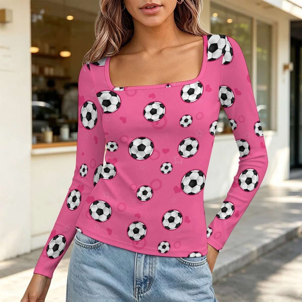 Women's Square-Neck Ribbed Long Sleeve Top - Soccer Ball Print - view 2