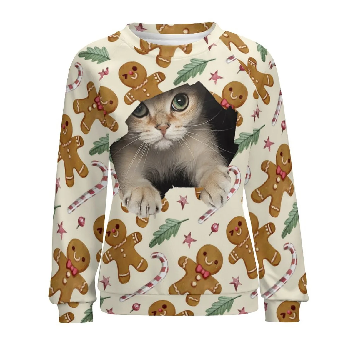 Women's Raglan Crew Neck Sweatshirt - Peeking Kitten Gingerbread Print - view 4