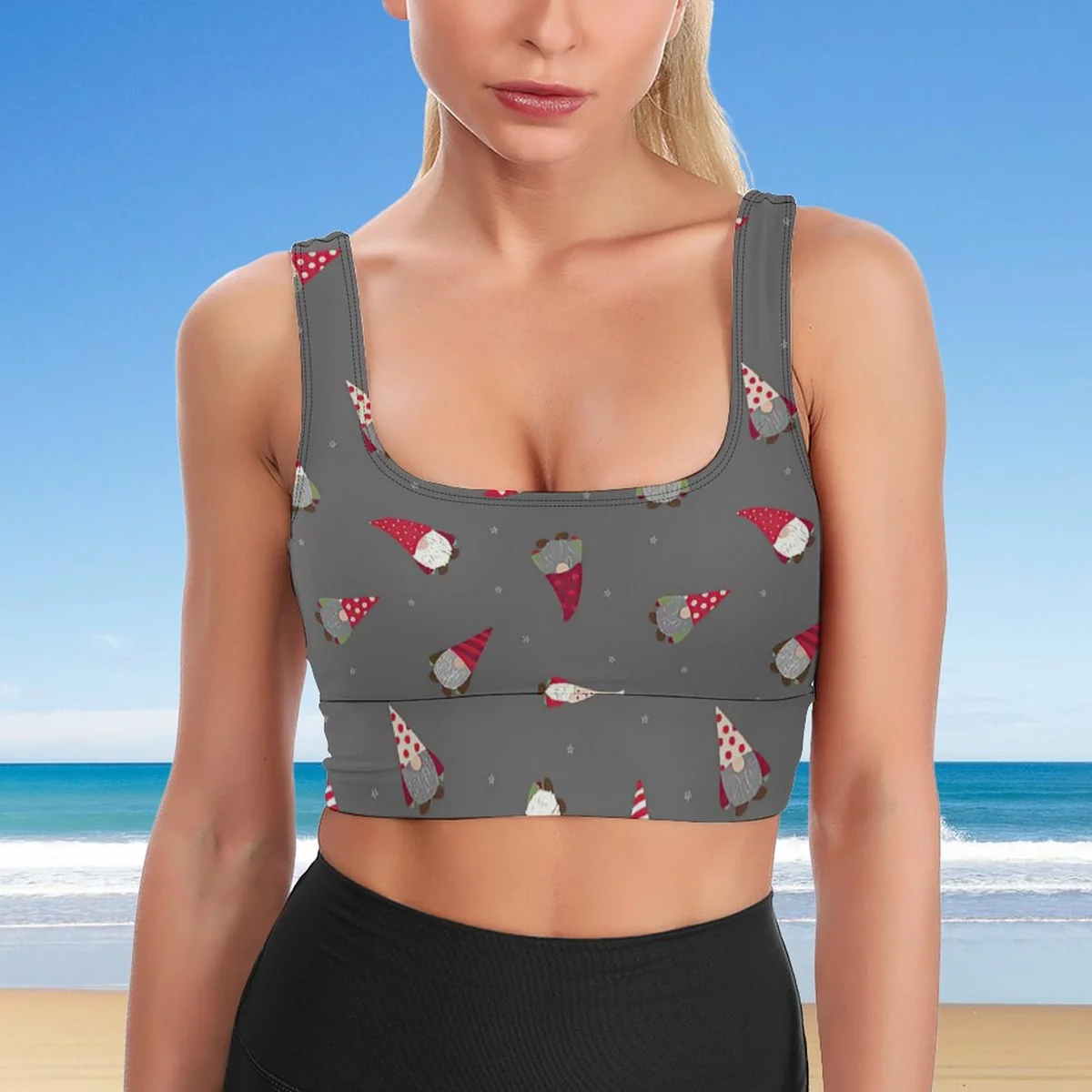 Women's Scoop-Neck Longline Yoga Crop Top - Christmas Gnome Print - view 6