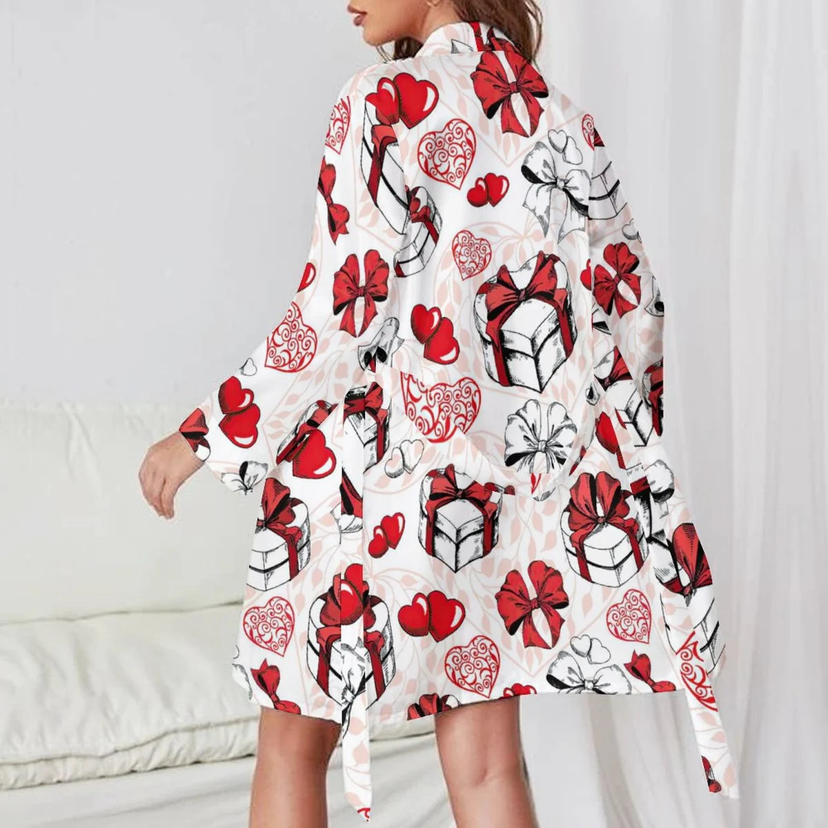 Women's Long Sleeve Belted Robe - Heart Gift Box Print - view 2