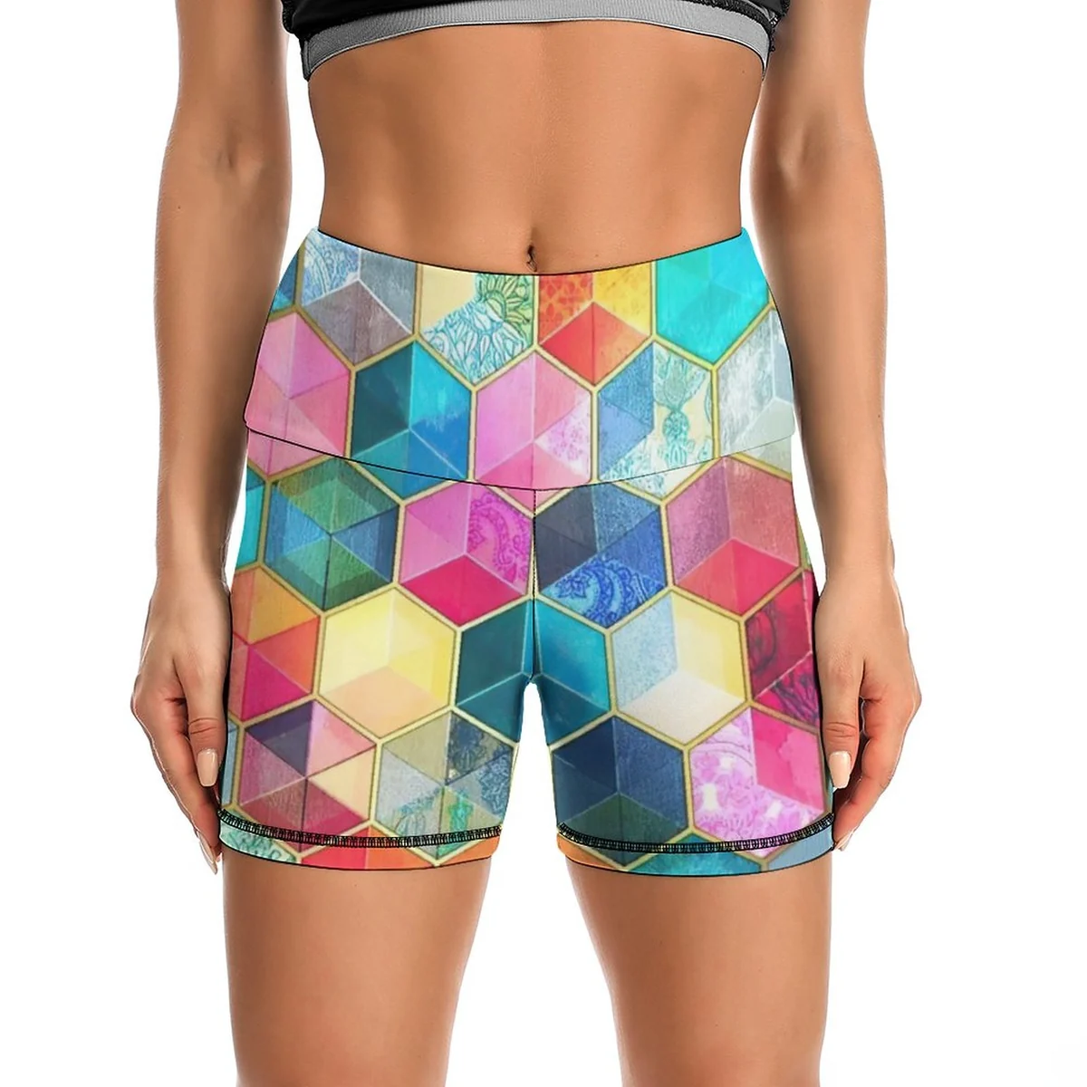 Women's High-Waist Yoga Shorts - Rainbow Hexagon Cube Print
