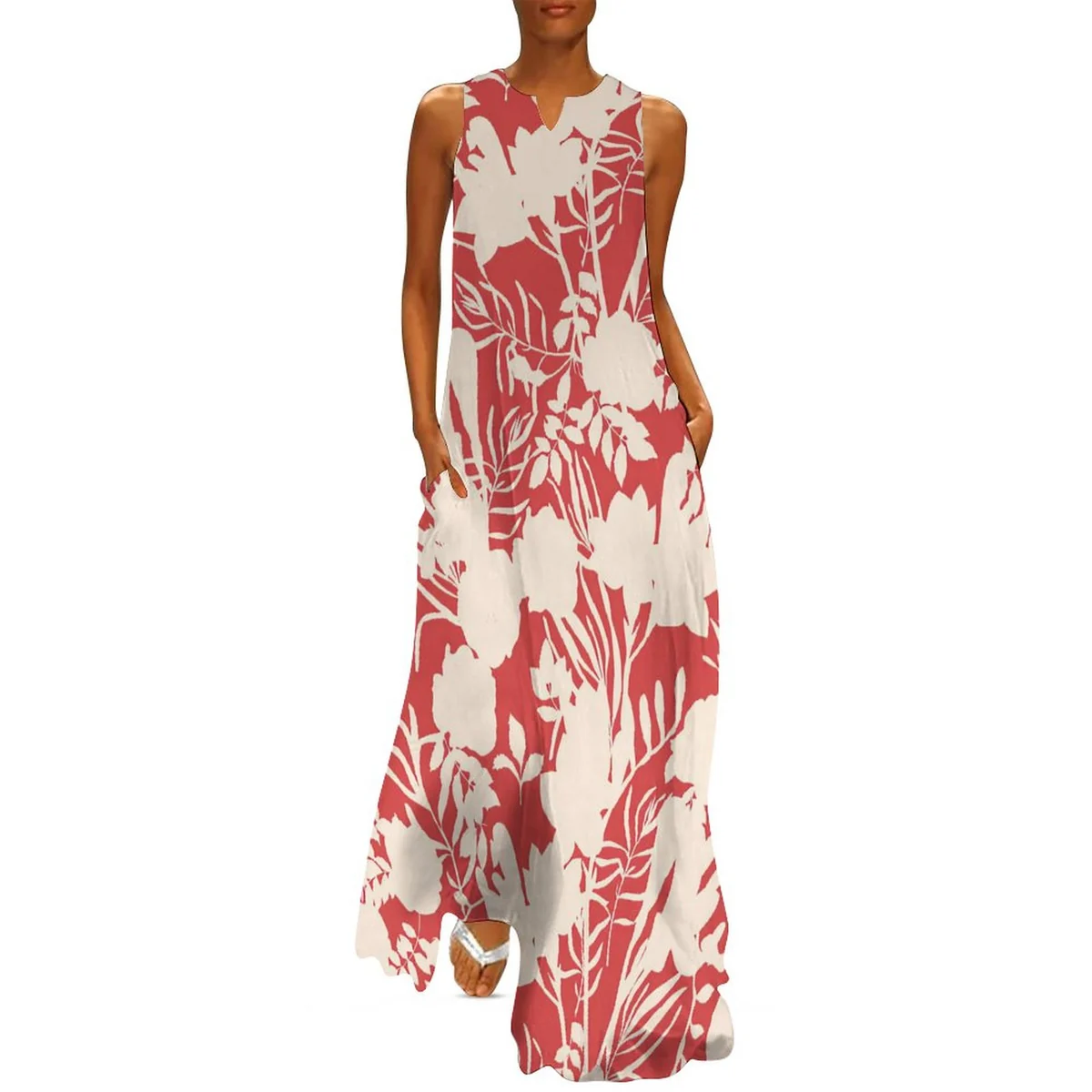 Women's Sleeveless Scoop-Neck Maxi Dress - Coral Botanical Silhouette Print