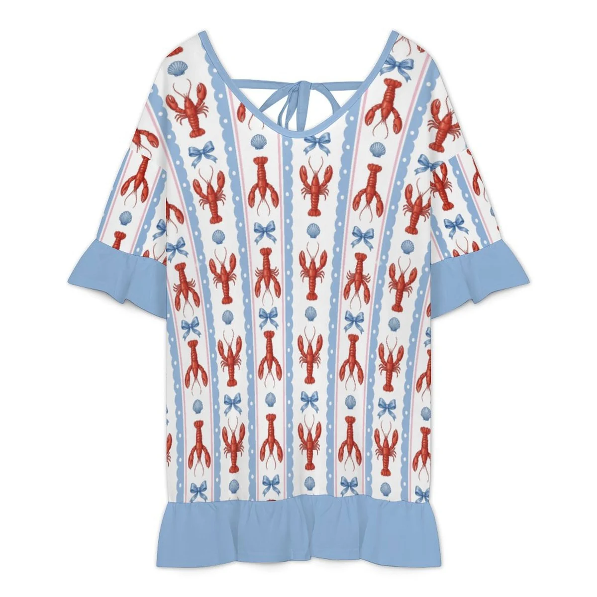 Women's Ruffle Sleeve Beach Cover-Up Dress - Lobster Stripe Print - view 4