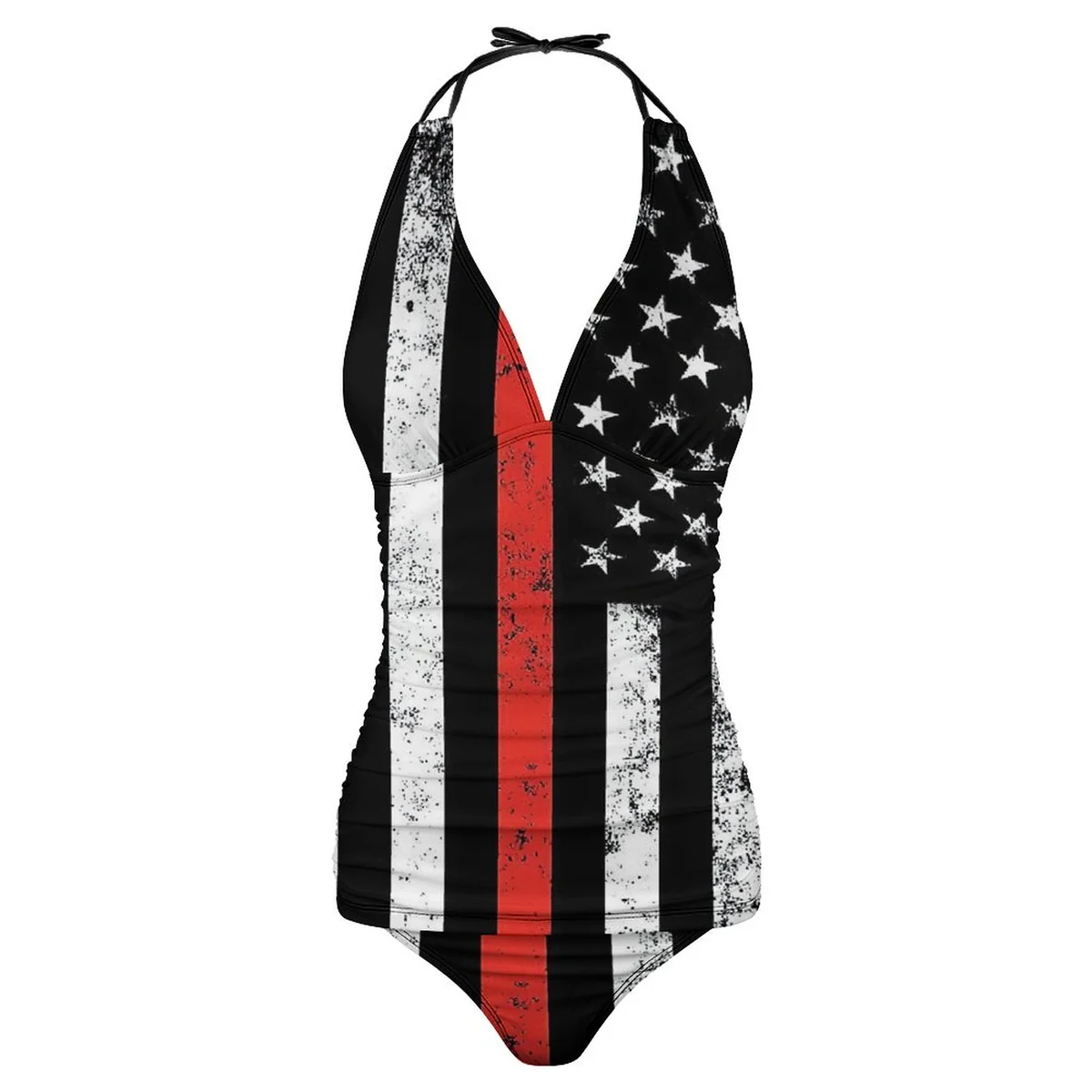 Women's Plunge Halter One-Piece Swimsuit - Thin Red Line Flag Graphic - view 4