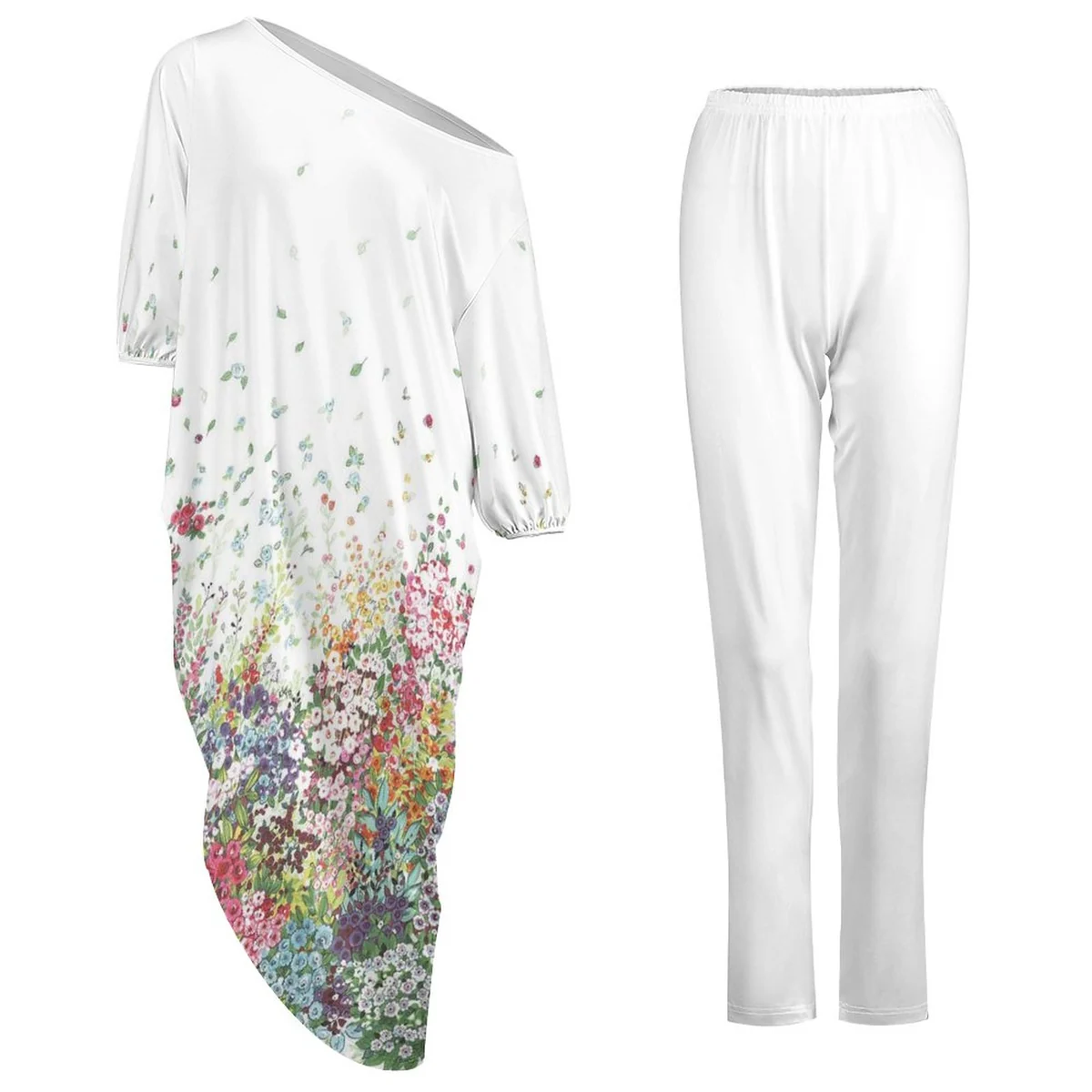 Women's Off-Shoulder Top and Pants Lounge Set - Wildflower Cascade Print - view 5