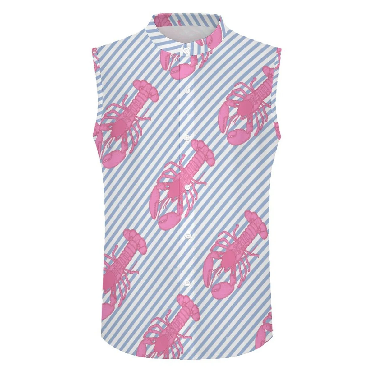Men's Sleeveless Button-Up Shirt - Pink Lobster Stripe Print - view 4