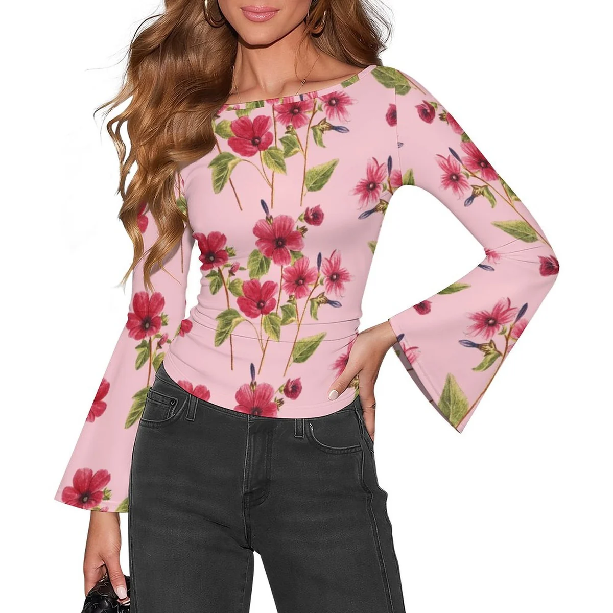Women's Boat Neck Bell Sleeve Top - Hibiscus Sketch Print