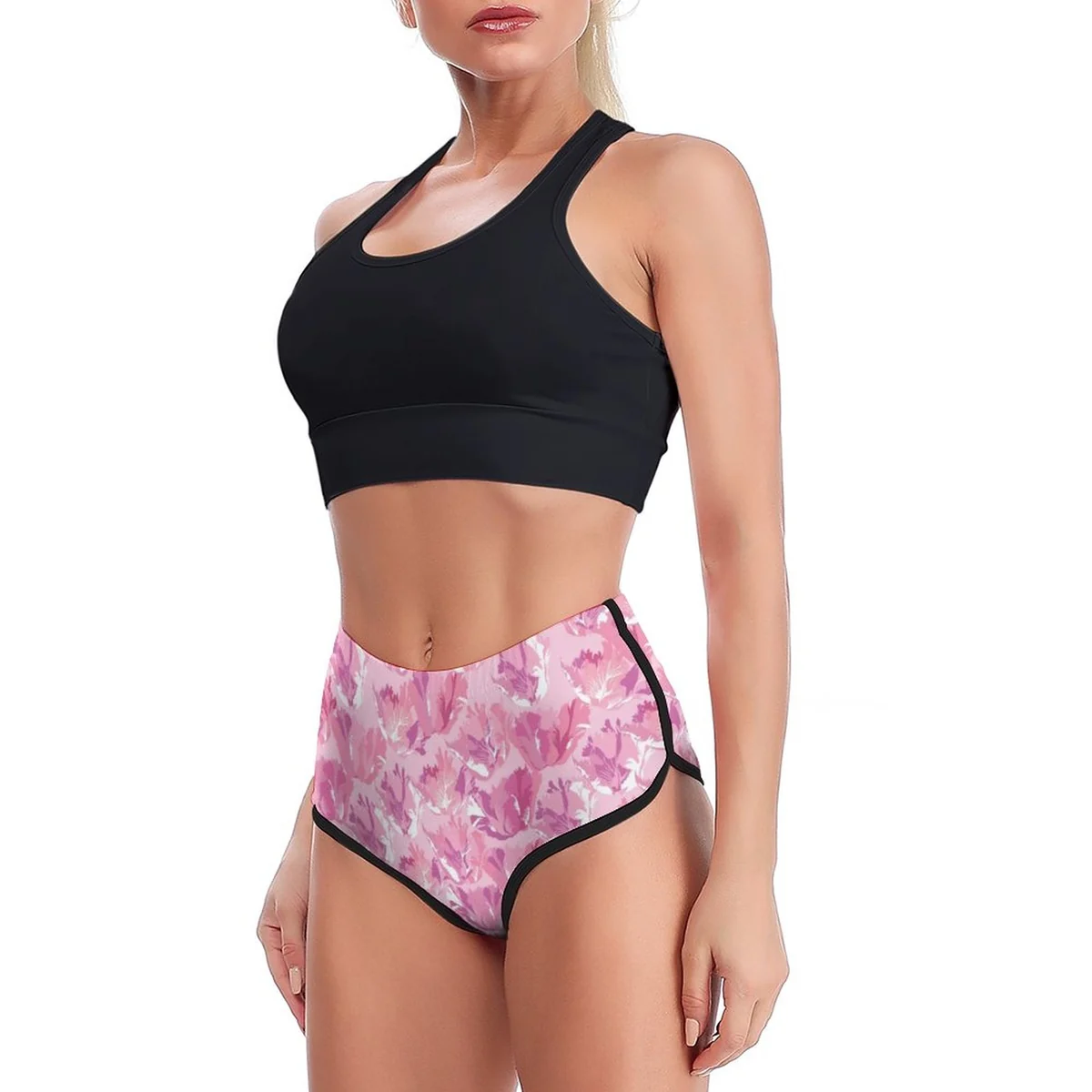 Women's High-Waist Booty Yoga Shorts - Pink Watercolor Blossom Print - view 4