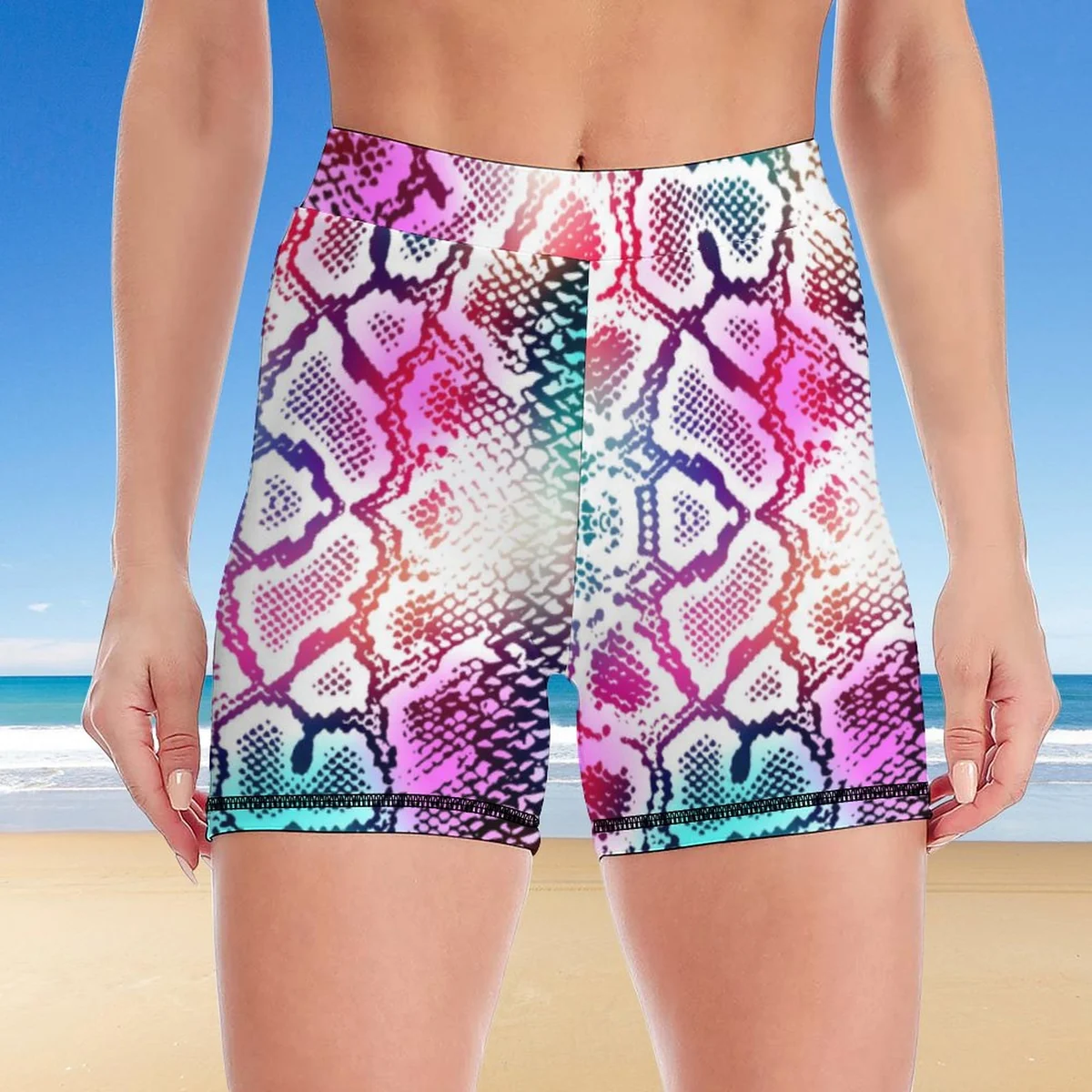 Women's Cami Crop Top and Bike Shorts Set - Rainbow Snakeskin Print - view 5