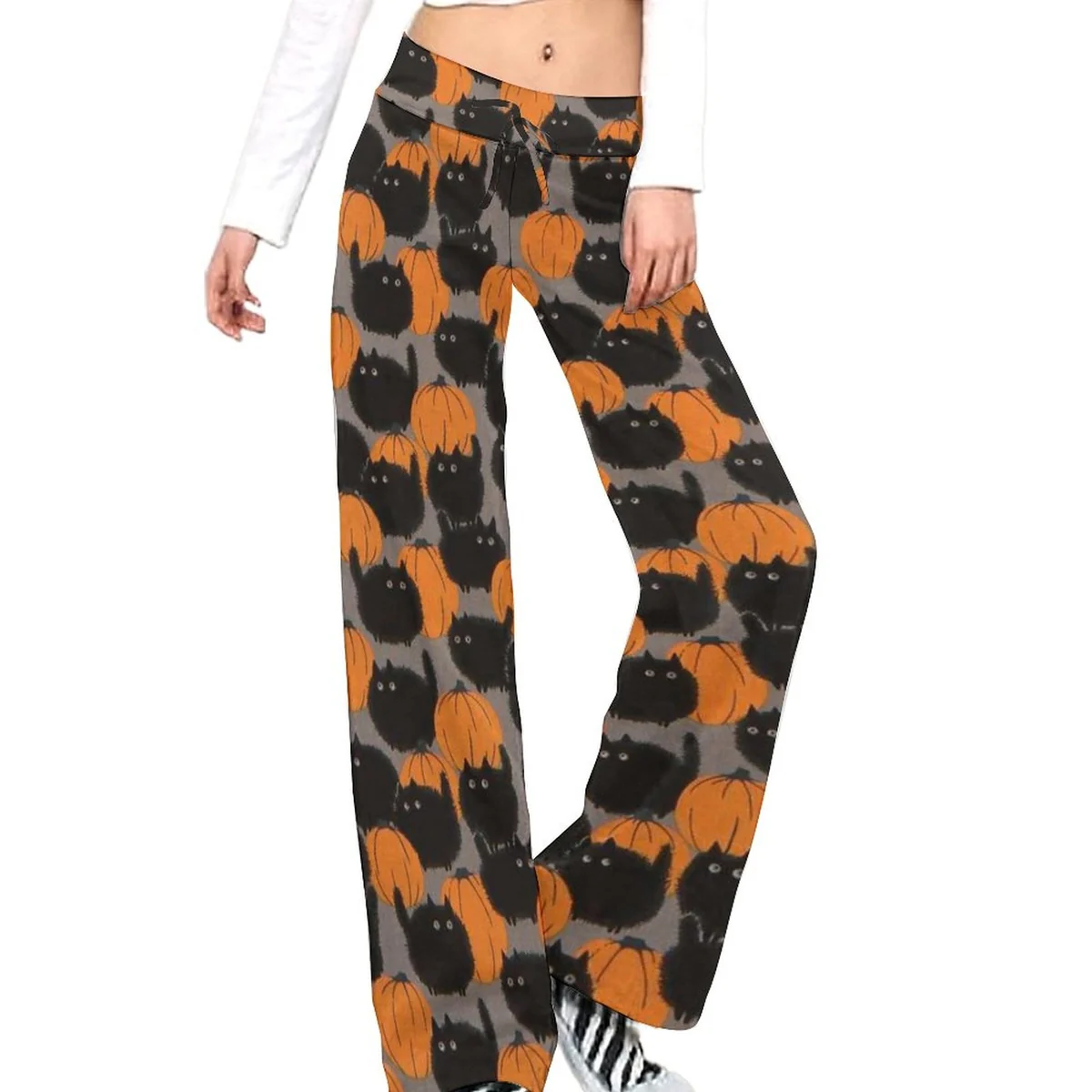 Women's Drawstring Straight Wide Leg Pants - Black Cat Crowd Print