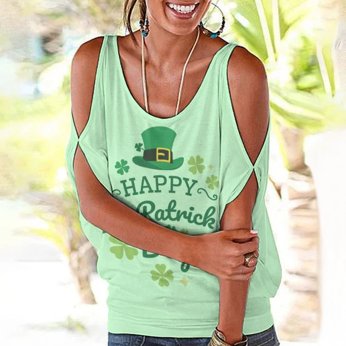 Women's Cold Shoulder Tie-Back Tee - Happy St. Patrick's Day Graphic - view 2