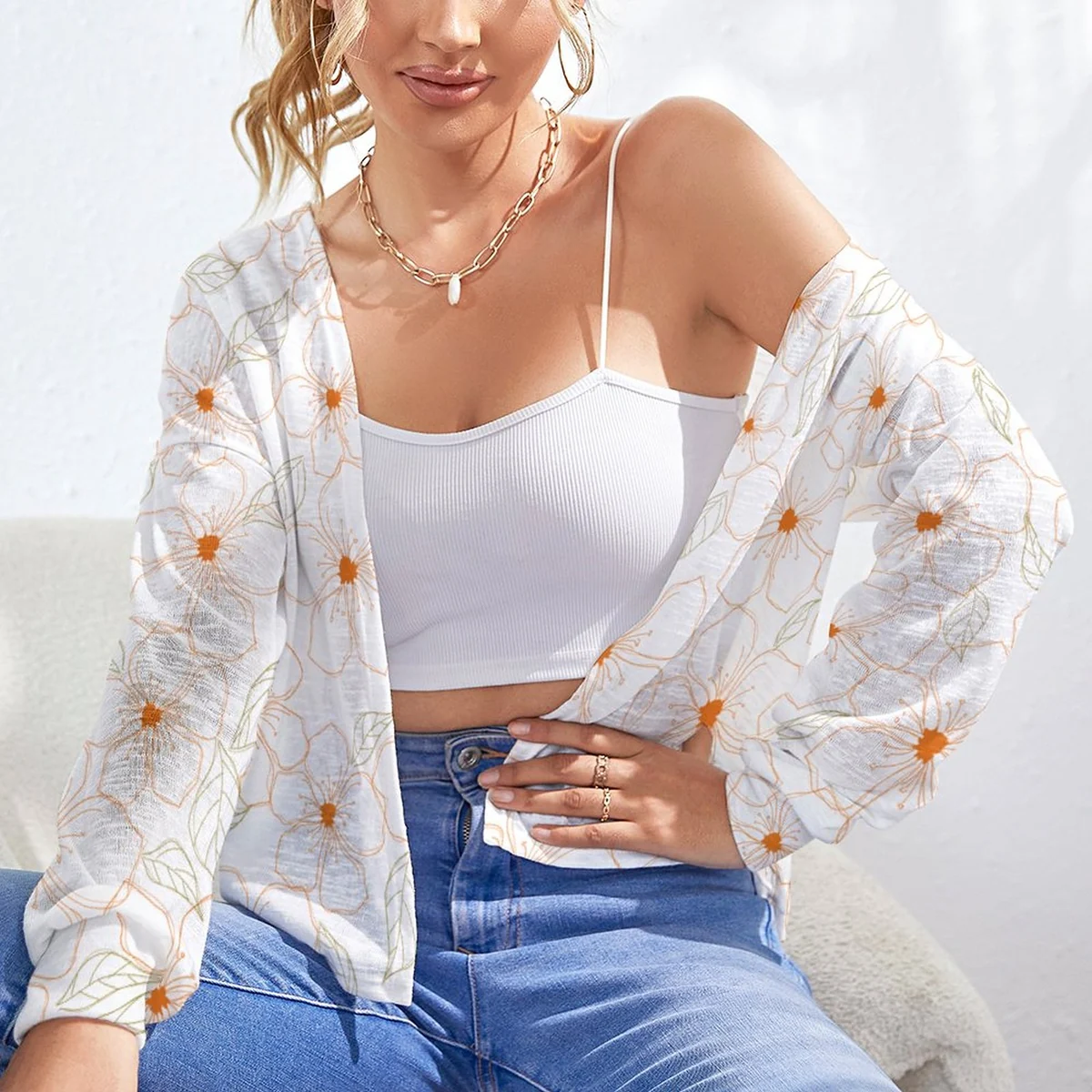 Women's Drop Shoulder Open Front Knit Cardigan - Orange Blossom Outline Print - view 2