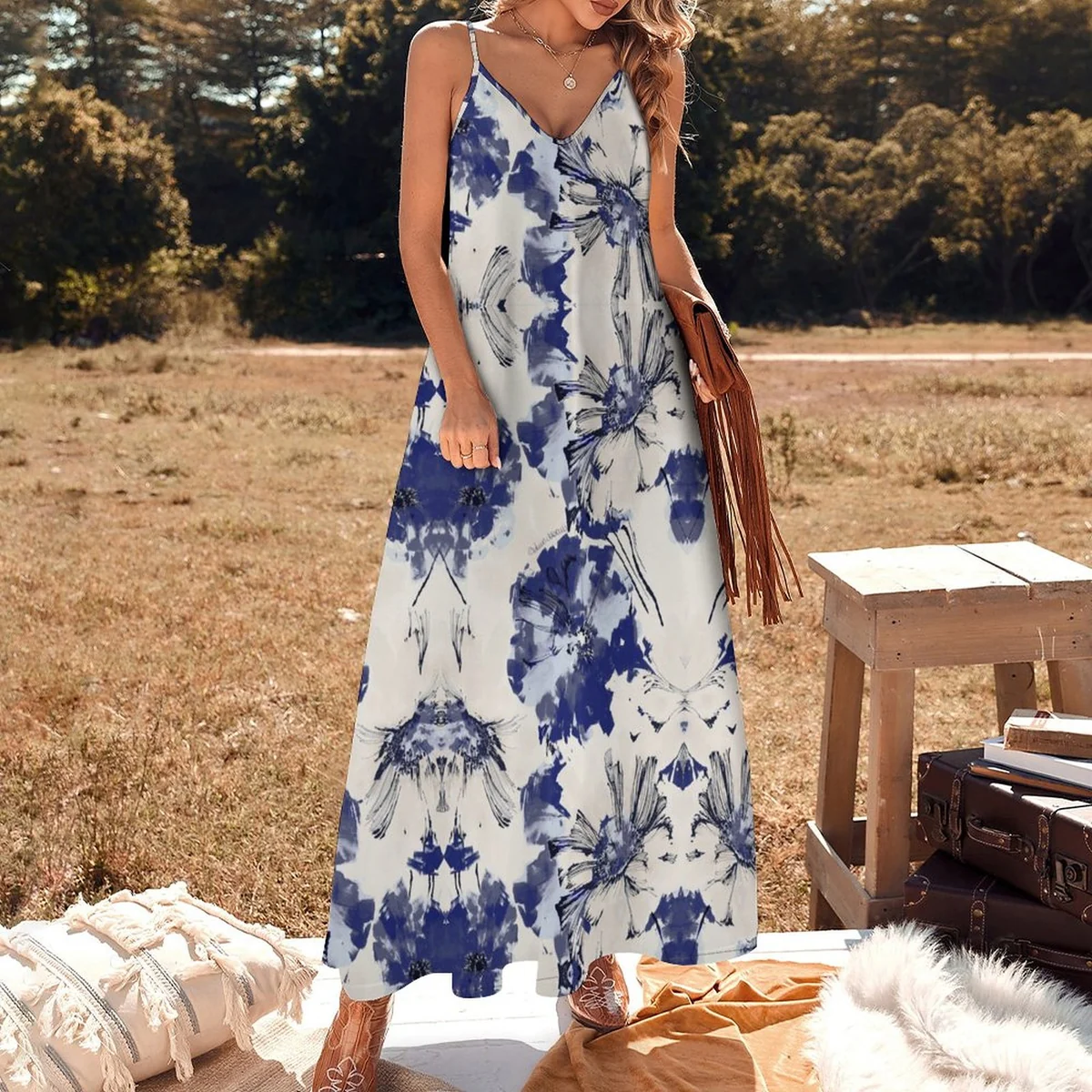 Women's Surplice Cami Maxi Dress - Blue Ink Botanical Print - view 2