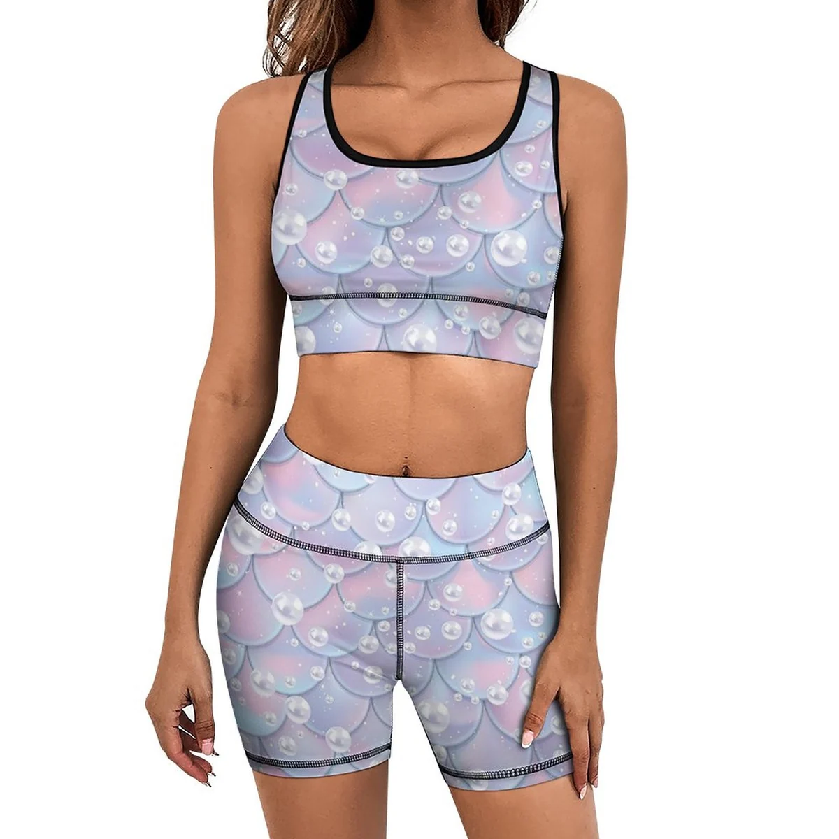 Women's Racerback Sports Bra and Bike Shorts Set - Pearl Mermaid Scale Print