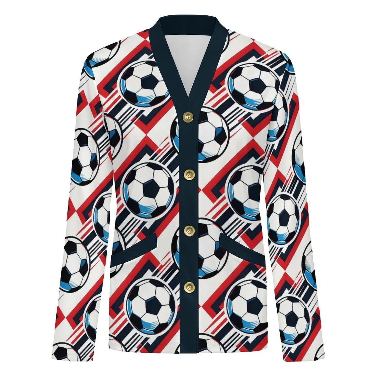Women's Lightweight V-Neck Button Cardigan - Soccer Ball Stripe Print - view 4