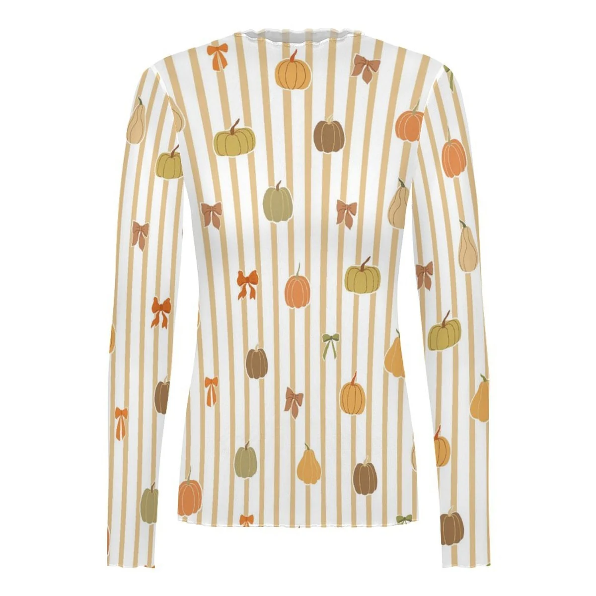 Women's High Neck Long Sleeve Mesh Top - Pumpkin Stripe Print - view 6